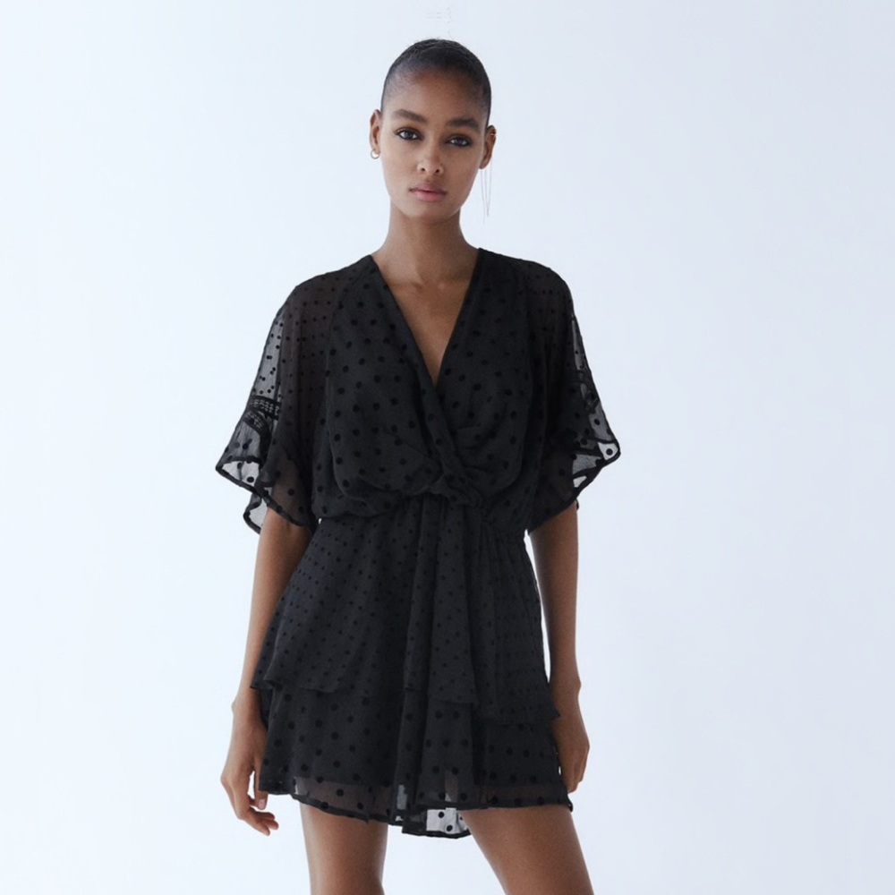 Zara Dotted Mesh Mini Dress in Black